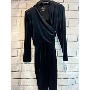 KS Collection Black Velvet Faux Wrap Dress Long Sleeve Y2K Surplice Midi 14 NWT